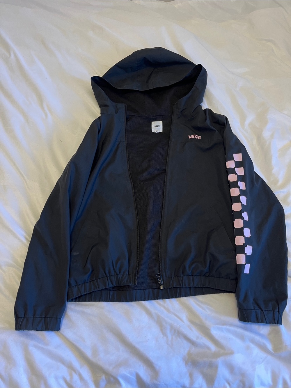 Vans Black Hooded Jacket with Pink Checker Sleeve